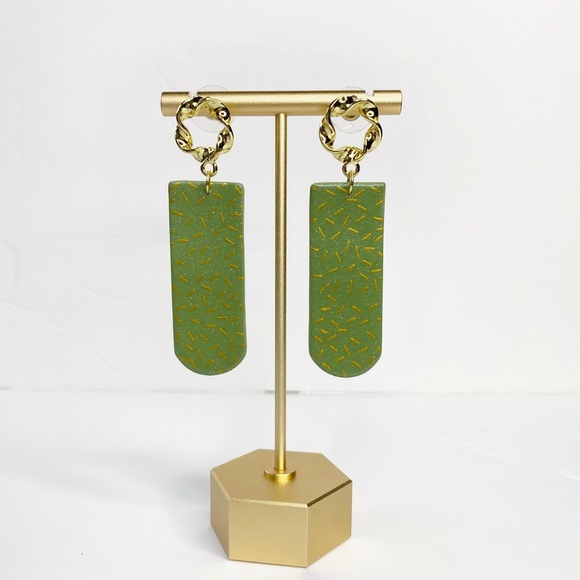 Handmade Olive Green Long Arch Polymer Clay Dangle Earrings & Bracelet - Picture 4 of 6